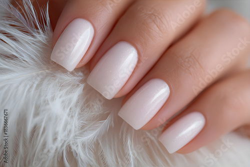 Woman hand with elegant creme manicure, 2026 trending nail art. Fresh and clean nail design concept for beauty and spa industry.