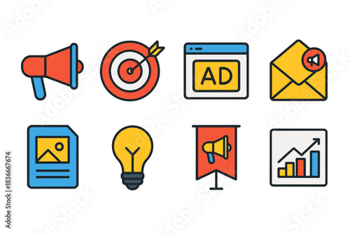 Digital marketing icons: megaphone target ads email analytics