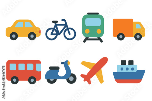 Colorful transport icons: car, bicycle, train, truck, bus, scooter, airplane, ship