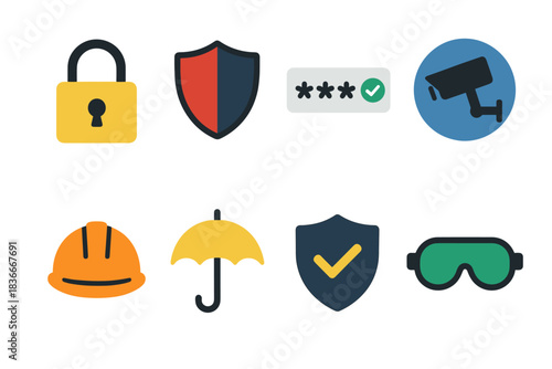 Collection of security and safety icons: lock, shield, password, and more