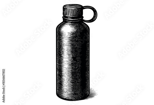 Engraved black and white water bottle with cap and loop for carrying on a white background — stock illustration.