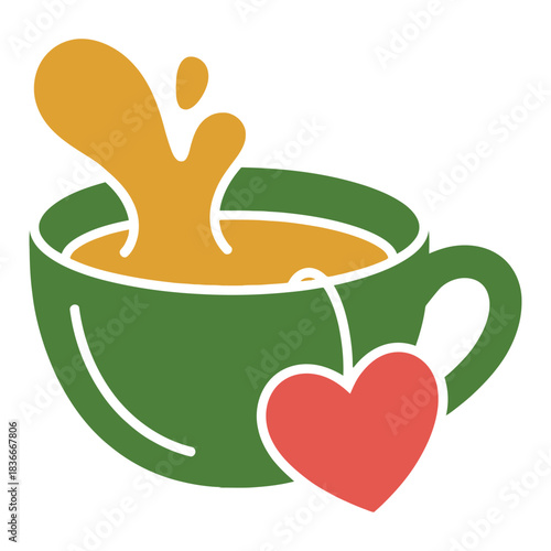 A green cup of tea splashes with a heart-shaped tea bag on a white background.