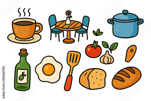 Colorful kitchen items coffee breakfast ingredients cooking dining setup