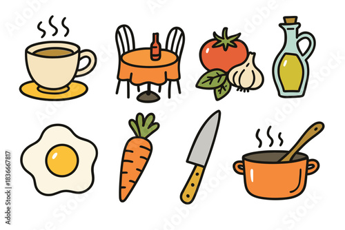 Kitchen essentials: cup, table setting, ingredients, utensils, cooking pot