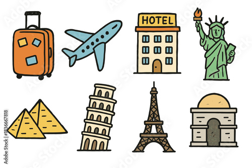 Travel icons: airplane, hotel, statue of liberty, pyramids, leaning tower, eiffel tower, arch