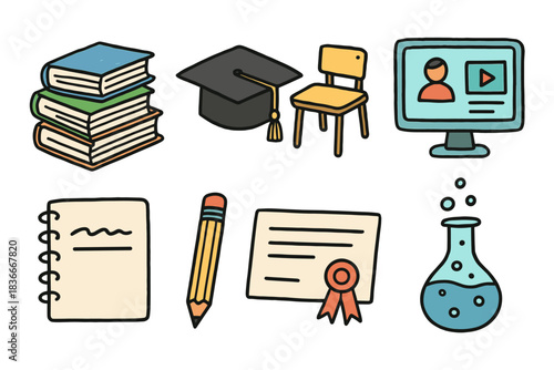 Educational icons featuring books, graduation cap, chair, computer, notebook, pencil, certificate, and flask