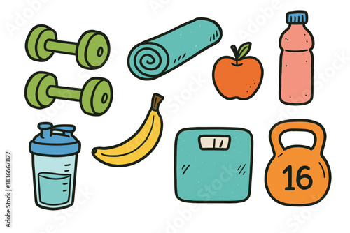 Fitness essentials: dumbbells, yoga mat, water bottle, fruits, kettlebell, scale