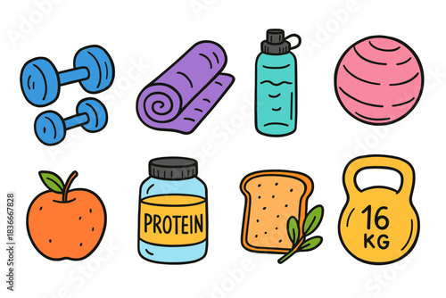 Fitness essentials: dumbbells, yoga mat, water bottle, exercise ball, healthy snacks, protein, kettlebell