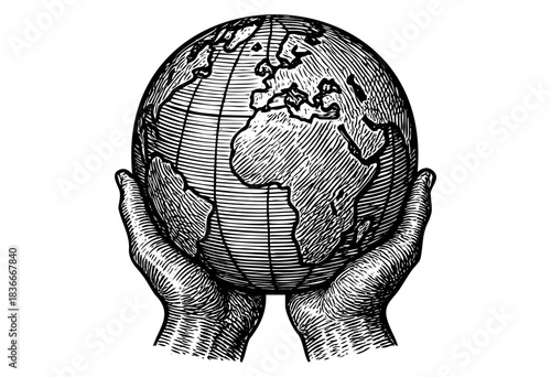 Engraved hands carefully cradle the Earth, emphasizing protection and global responsibility — stock illustration.