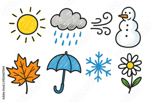Colorful doodle illustrations of weather and seasonal symbols