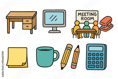 Office supplies and work environment icons: desk, computer, meeting room, stationery