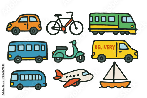 Colorful doodle transportation: car, bike, train, bus, scooter, van, plane, boat