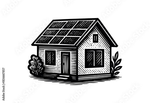 A hand-drawn style house with solar panels on the roof and shrubbery around it, depicted in black and white — stock illustration.