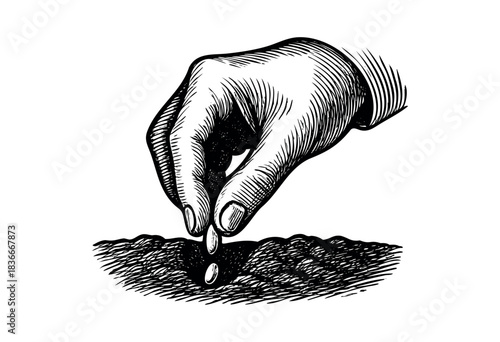 A hand sows a seed into the ground in a vintage engraving style — stock vector.