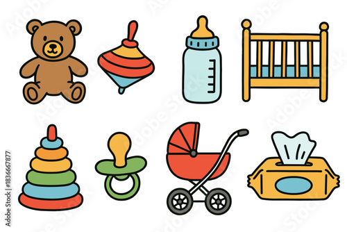 Colorful baby items set: toys, feeding, and nursery essentials