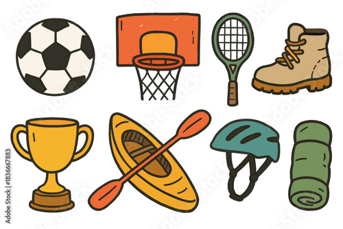 Sports equipment: soccer basketball tennis hiking trophy kayaking helmet camping
