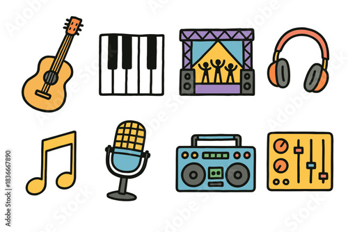 Colorful music icons: guitar, piano, stage, headphones, note, microphone, boombox, mixer