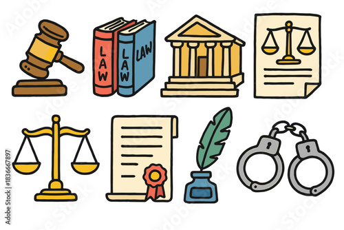 Law symbols collection: gavel, books, courthouse, scales, document, quill, handcuffs
