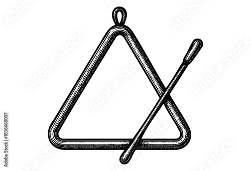 A monochrome illustration shows a triangle musical instrument with a striker, rendered in a hand-drawn style — stock vector.