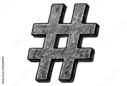 Hand-drawn hashtag symbol with a vintage, sketchy texture is isolated on white — stock illustration.