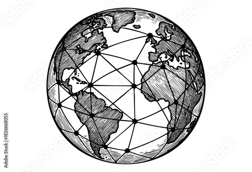 A black and white globe with a network grid connecting points across continents represents globalization and interconnectedness — stock illustration.