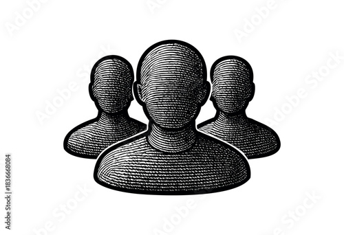 Three abstract faceless human figures are shown in an antique etching style, representing a team or group — stock illustration.