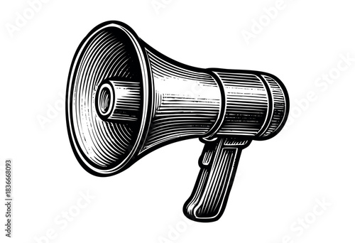A black and white drawing of a megaphone rendered in a vintage engraved style — stock vector.