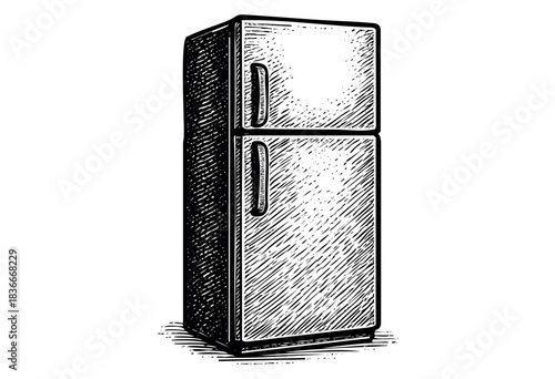 Hand-drawn style illustration of a two-door refrigerator, perfect for adding a touch of retro charm to any design project — stock vector.