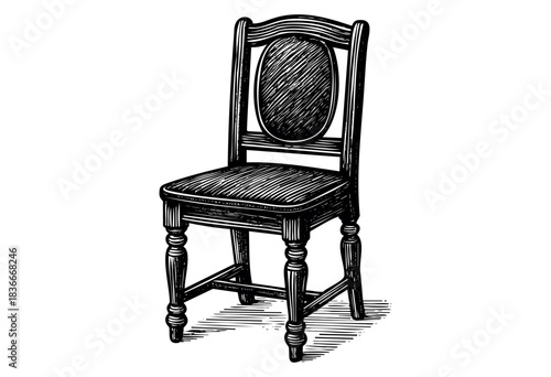 Black and white drawing depicts a classic, antique wooden chair in a detailed engraving style — stock vector.