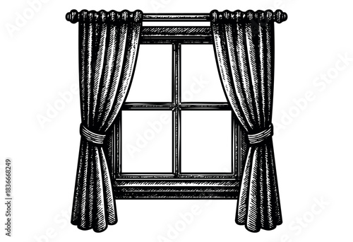 Black and white illustration of a window with tied-back curtains in an antique style — stock illustration.