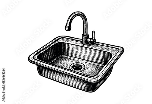 A detailed black and white illustration of a kitchen sink with a faucet, rendered in a vintage, woodcut style — stock illustration.