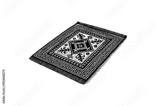 An intricate black and white rug with decorative patterns and fringed edges is displayed — stock vector.