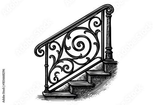 Detailed black and white drawing shows an elegant staircase with decorative iron railing and wooden steps — stock vector.