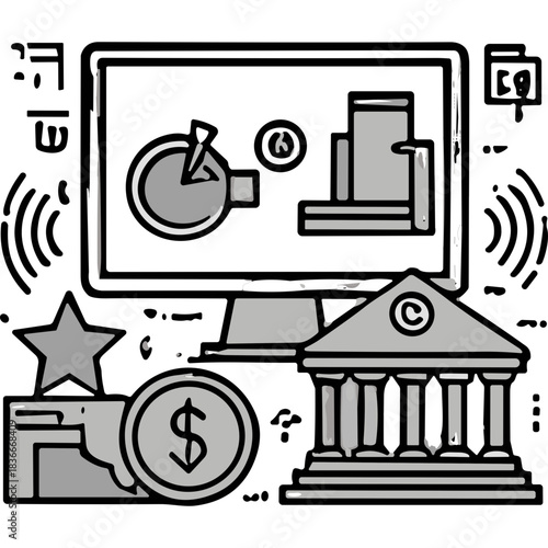 Financial Institution Building with Coin and Star Icons Representing Banking and Investment Symbolizing Economic Growth and Security Trustworthy Services