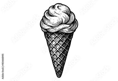 Vintage style drawing of a waffle cone ice cream — stock illustration.