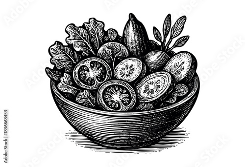 A bowl filled with various vegetables and lettuce, presented in an engraved style — stock illustration.