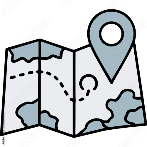 Flat Design Map Icon With Location Pin And Route Line For Navigation And Travel Planning With Light Blue And Gray Colors On Black Background
