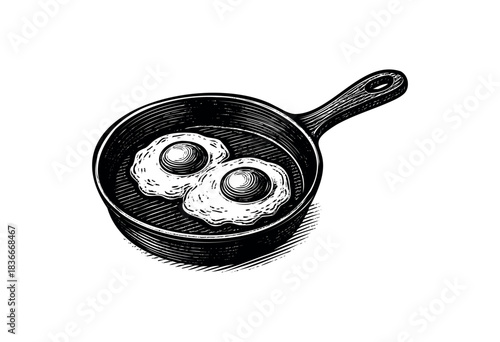 Two fried eggs are sizzling in a skillet, presented in a black and white woodcut style — stock illustration.