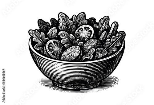 A black and white etched illustration of a bowl of salad with leafy greens and tomato slices — stock illustration.