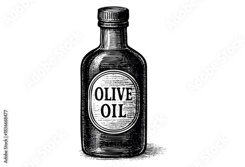 An etched illustration of a vintage olive oil bottle with a label — stock vector.