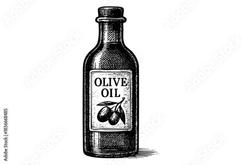 A vintage-style illustration depicts an olive oil bottle with a label featuring olives and leaves — stock illustration.