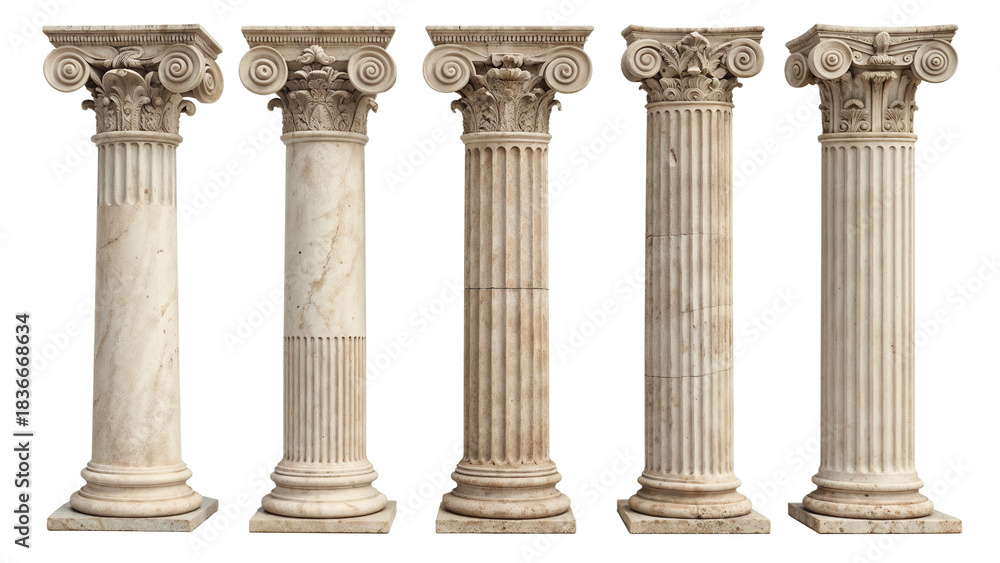 Obraz premium Classical Corinthian Columns with Ornate Capitals for Architecture, History, and Decorative Design Concepts Transparent PNG
