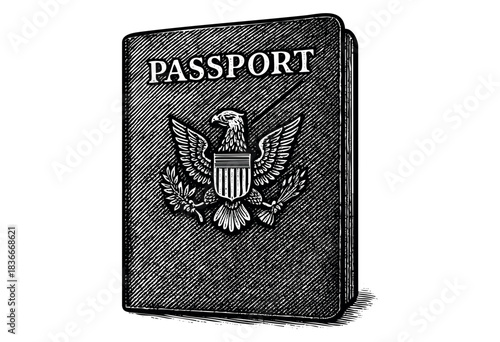 Black and white passport with eagle emblem in engraved style — stock illustration.