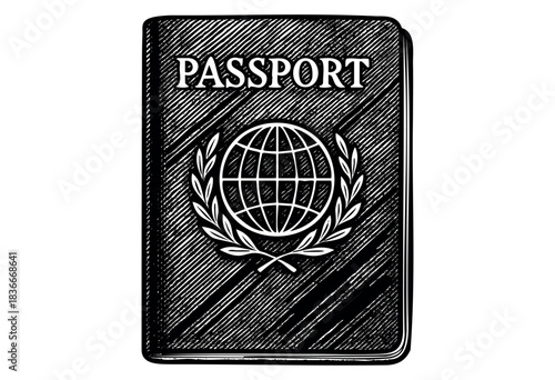 A black and white sketch depicts a passport with a globe emblem and a laurel wreath — stock vector.