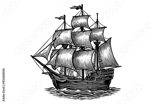 Monochrome drawing of a detailed frigate sailing ship in woodcut style isolated on white background — stock illustration.