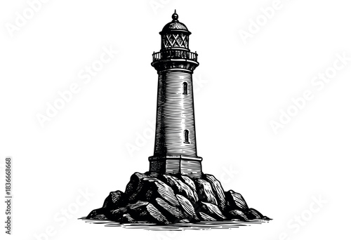 lighthouse, navigation, nautical, ocean, sea, coastline, beacon, tower, maritime, guidance, safety, landmark, coast, light, signal, architecture, structure, rock, cliff, shore, engraving, vintage, ret