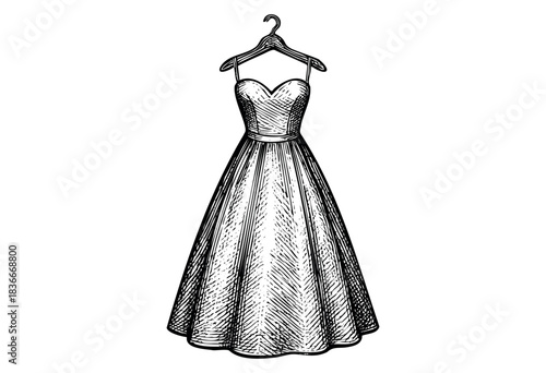 A detailed sketch of a classic sweetheart neckline dress hanging on a hanger — stock illustration.