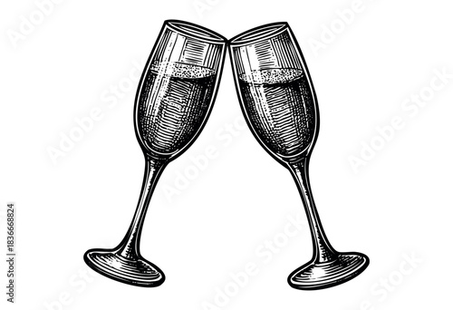 Two champagne flutes clinking together in a celebratory toast, rendered in a vintage engraving style — stock vector.