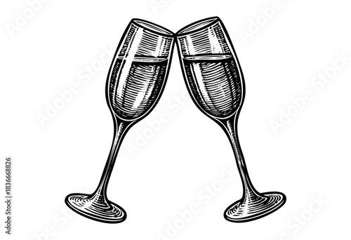 Two champagne glasses are clinking together in a celebratory toast, drawn in a vintage engraving style — stock illustration.