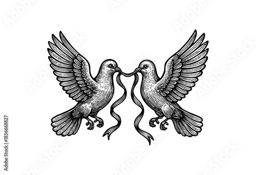 Two doves face each other, holding a ribbon in their beaks in a vintage etched style — stock illustration.